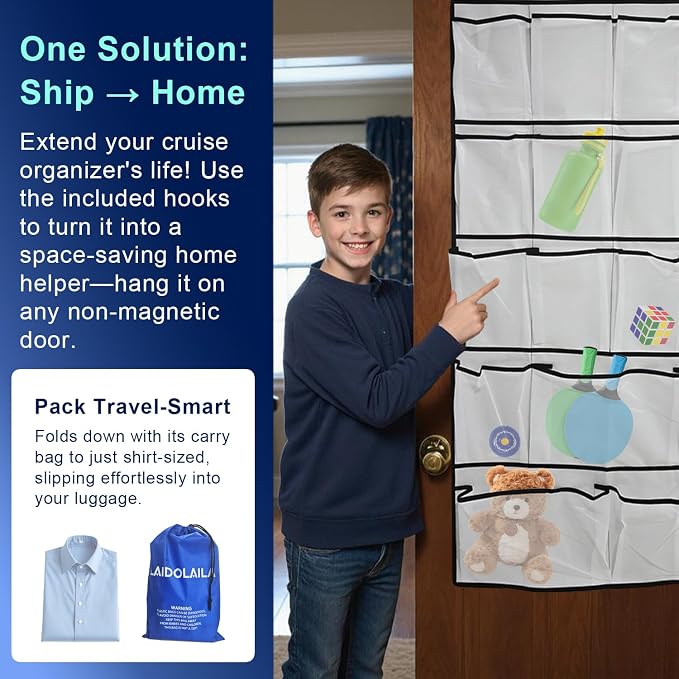 Magnetic Cruise Door Organizer – 13-Pocket Hanging Storage with 2 Large Shoe Pockets, No Hook Needed, Includes 3 Bonus Hooks, 2025 2026 Cruise Ship Essentials for Cabin, Bathroom, or Closet Use