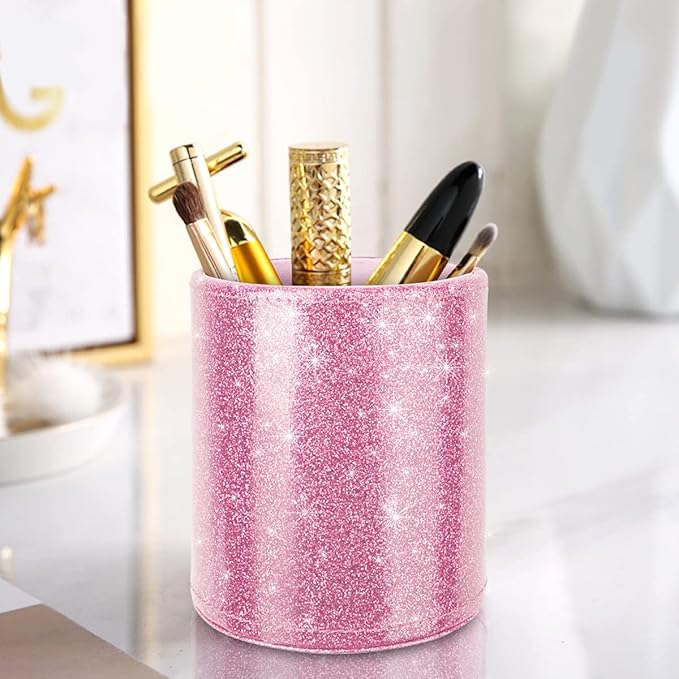 Glitter Pen Holder for Desk, Cute Pencil Cup Pink for Women Girls, Luxury Makeup Brush Holder Large Pu Leather Multi-Functional Organizer Cup for Office, Classroom, Home, Glitter Pink