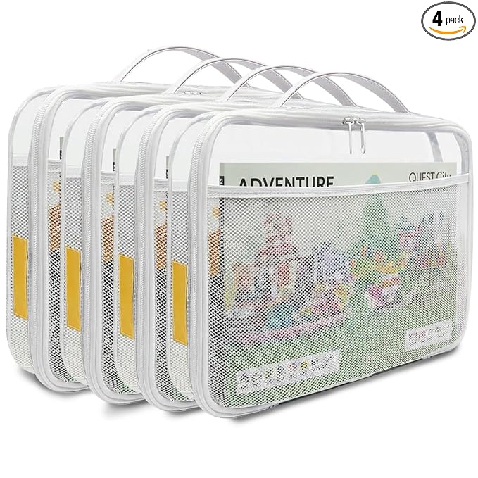 holay 4 Packs Large PVC Toy Storage Organizer with Zipper, Name Tag & Manual Pocket, Clear Durable Case for Blocks, Clay, Board Games, Travel (White, Large)