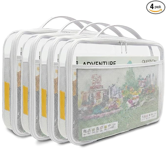 holay 4 Packs Large PVC Toy Storage Organizer with Zipper, Name Tag & Manual Pocket, Clear Durable Case for Blocks, Clay, Board Games, Travel (White, Large)
