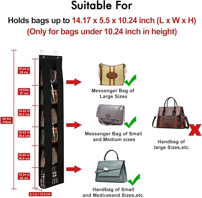 Lirex Over The Door Purse Organizer, Space-Saving Medium and Large Handbag Storage Organizer Clothing Closet Hanger, Black