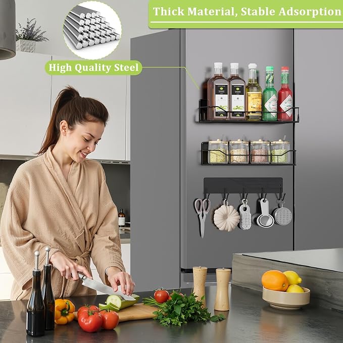 Magnetic Spice Rack for Refrigerator, 3 Pack Metal Magnet Spice Organizer Shelf with Hook Rack, Magnetic Fridge Shelves for Kitchen Organization and Storage, Seasoning Organizer Gadgets (Black)