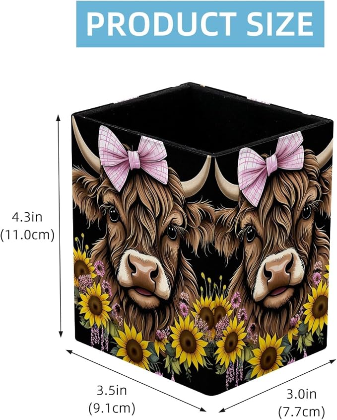 Pen Holder for Desk, Highland Cow Sunflower Pencil Holder, Pen Cup Functional Desk Organizer for Office Supplies