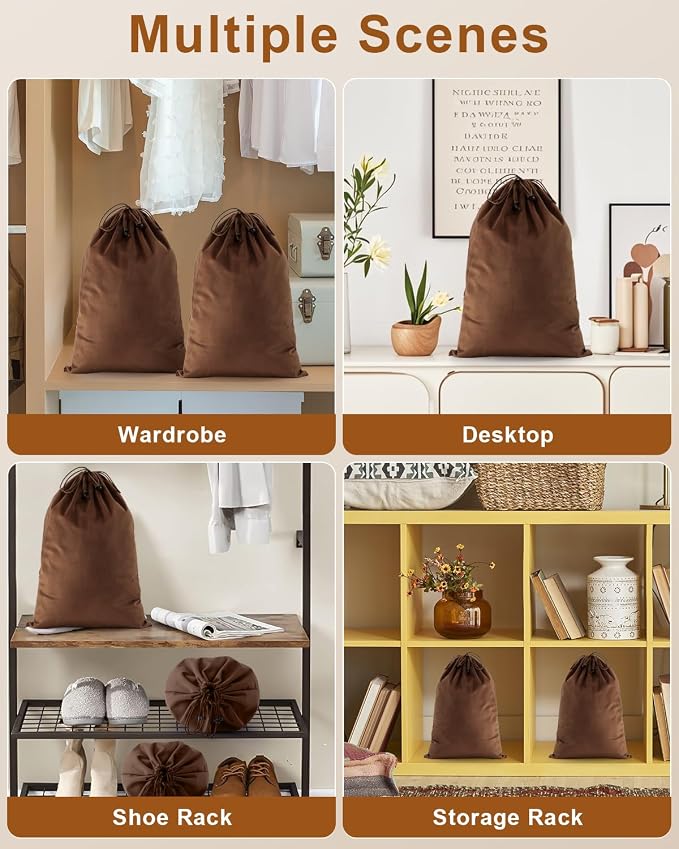 2 Pcs Shoe Bags for Travel, Dust Velvet Bag, Mocha Mousse, 17.3x12.6 Inch | Washable & Reusable Travel Shoe Bags, Dustproof Shoe Bags with Drawstring Closure, Suitable for Travel, Home Storage