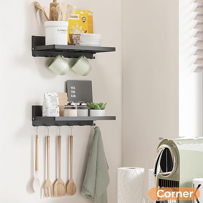 Small Folding Metal Shelf with Hooks, RV Fold-Down Wall Shelf, 6 Hooks, Drop Down Floating Shelf for Laundry Room, Kitchen, Bedside, Toilet Room, Bathroom, Utility, Black（11.8", 1 Pack）