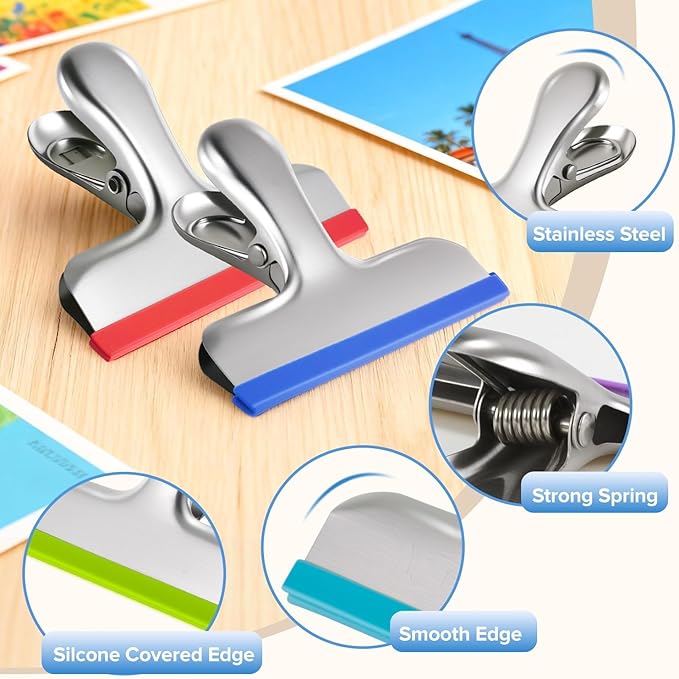 HOUSE AGAIN 12 Pack Stainless Steel Chip Bag Clips Covered with Silicone - NO More Sharp Edges - Color Coded for Food Bags - Air Tight Seal, Heavy Duty for Kitchen and Office, 3 Inches, Colorful