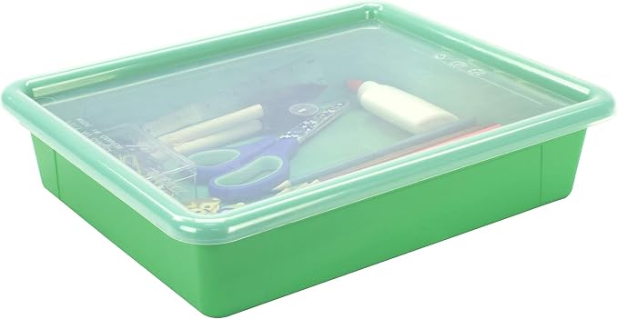 Storex Letter Size Flat Storage Tray – Organizer Bin with Non-Snap Lid for Classroom, Office and Home, Green, 5-Pack (62539U05C)