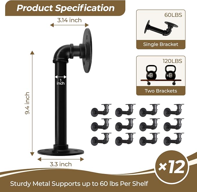 Industrial L Pipe Shelf Brackets for 10-20 in Depth Wood Heavy-Duty 3/4" Iron,Wall Mount Floating Shelf Bracket L Metal Pipe Shelving Brackets for Wood-Black DIY Pipe Shelves(9.4*3.1 Inch 12 Pack)