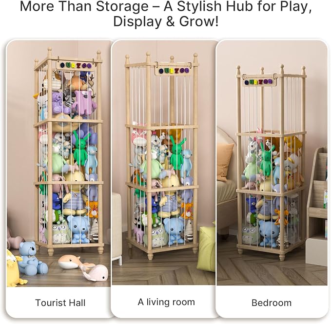 Stuffed Animal Storage Zoo, 57" Tall Solid Pine Wood Toy Organizer with Exclusive 3D Sign, Large Vertical Plushie Cage Holder with Elastic Cords for Playroom Corner & Nursery Decor XL