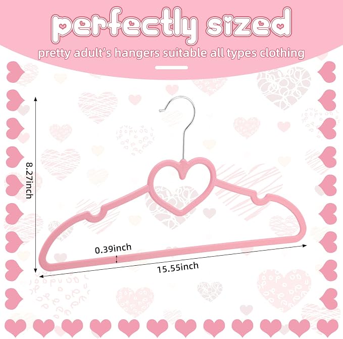 Qunclay 50 Pcs Pink Plastic Heart Hangers with 360 Degree Swivel Hook, Heavy Duty Sturdy Heart Clothes Coat Hanger, Cute Kawaii Room Decor for Adult Women, Space Saving with No Hanger Mark