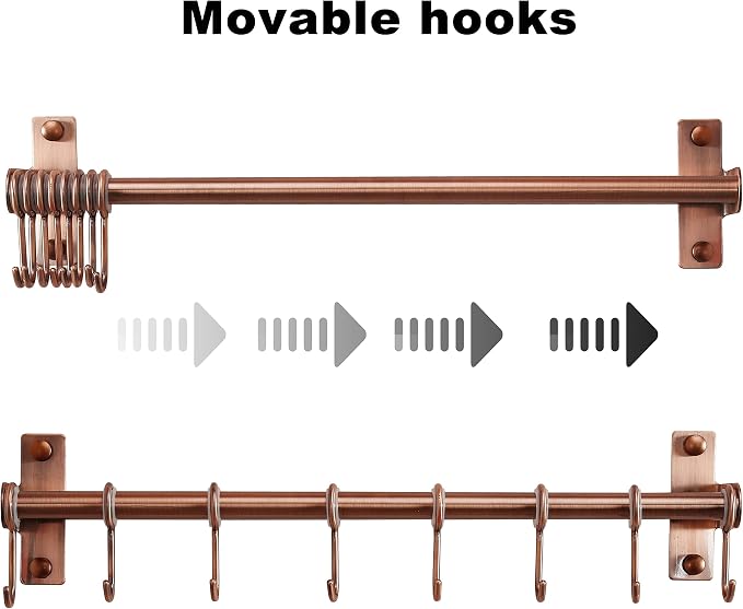 Dseap Pot Rack - Pots and Pans Hanging Rack Rail with 8 Hooks, Double Bars, Pot Hangers for Kitchen, Wall Mounted, Antique Copper