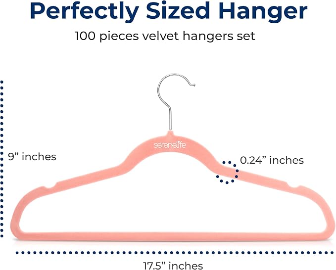 SereneLife Velvet Hangers – 100 Pack, Slim & Space Saving for Closets | Soft velvet grip prevents slipping on silk, satin & knitwear – 360° swivel hook fits all standard closet rods