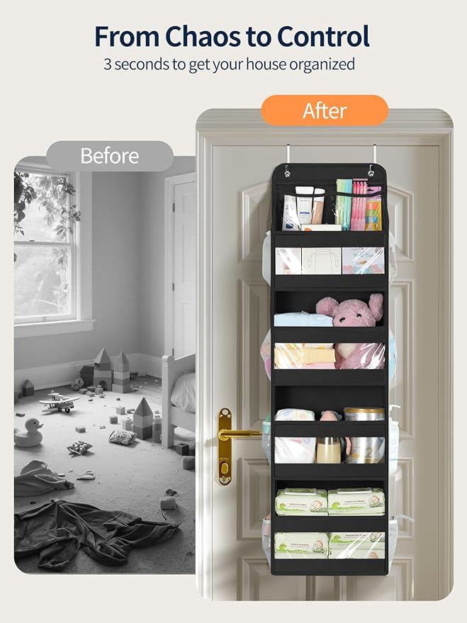 Yecaye 5 Tier Over the Door Organizer, Swing-proof Door Organizer Hanging with Clear PVC Windows, Behind the Door Storage for Bedroom Nursery Closet Laundry Pantry Bathroom, Black