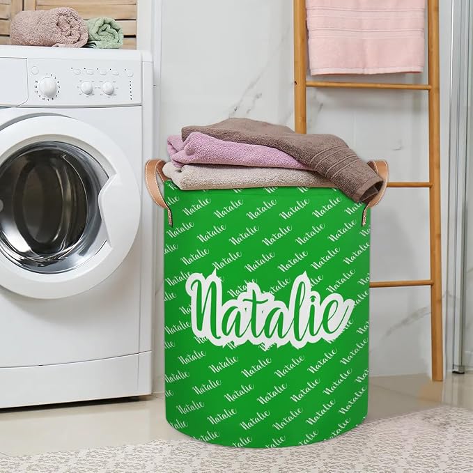 Personalized Laundry Basket, Custom Gift Laundry Hamper, Collapsible Nursery Waterproof Laundry Baskets, Dirty Clothes Toy Hamper with Handles Name Green