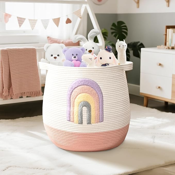 Large Baby Laundry Hamper, Rainbow Laundry Basket for Baby, Toy and Blanket Storage Basket for Nursery and Playroom, Cotton Rope Hamper for Kids, 17.7"x15.7"