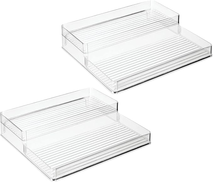 mDesign Plastic Kitchen Food Storage Organizer Shelves, Spice Rack Holder for Cabinet, Cupboard, Countertop, Pantry - Holds Jars, Baking Supplies, Canned Food - 2 Levels - 2 Pack - Clear