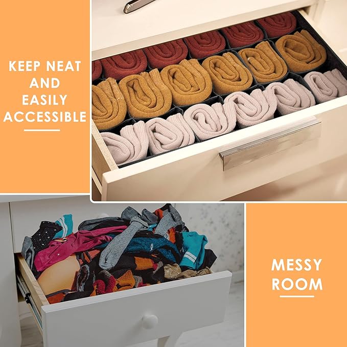 Criusia 3 Pack Sock Underwear Organizer Dividers, 64 Cell Fabric Foldable Cabinet Closet Organizers and Storage Boxes for Storing Socks, Underwear, Ties (16+24+24 Cell, Black)