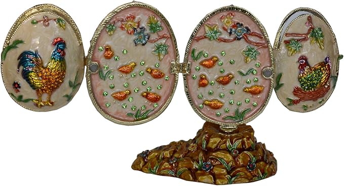 Rooster on Faberge Egg Trinket Box Jewelry Box Hand Painted Decorative Box with Hinged Lid Ring Earring Holder Easter Egg Collectible