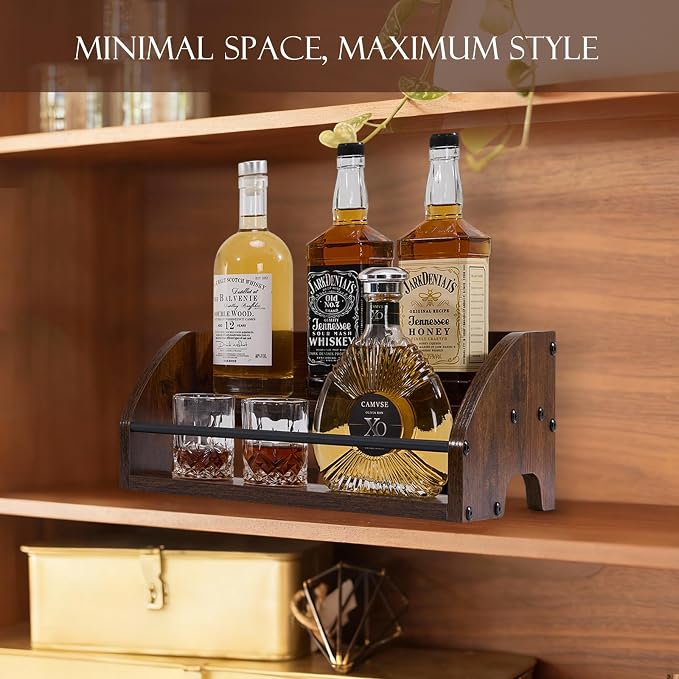 Wooden Liquor Bottle Display Shelf, 2 Tier Countertop Liquor Wine Rack, Coffee Syrup Rack Organizer, Mini Bar Home Retro Bar Shelves Stand for Bourbon Whiskey, Spirits, Alcohol Storage