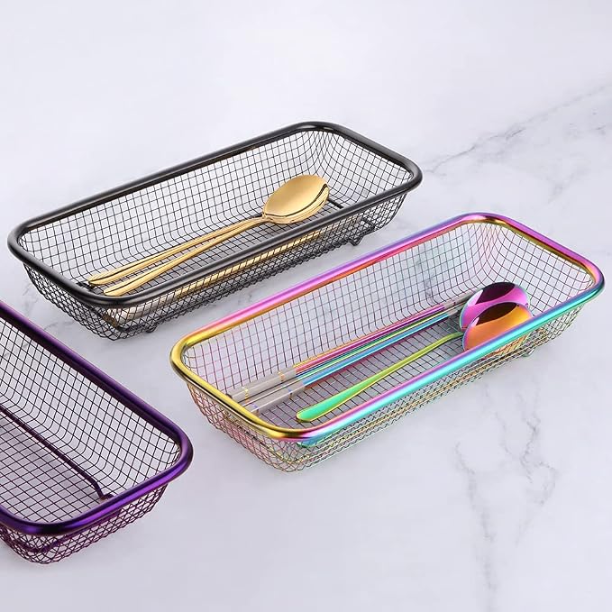 Kitchen Drawer Organizer, Stainless Steel Storage Container Rose Gold Metal Cabinet Storage Basket for Holding Silverware Kitchen Utensil, Pack of 2
