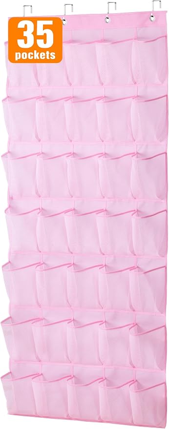 MISSLO 35 Large Pockets Over The Door Shoe Organizer Sturdy Oxford Fabric Hanging Shoe Rack for Door Mesh Closet Shoe Holder Hanger, Pink