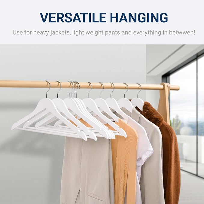 Amber Home 30 Pack White Wooden Coat Hangers, White Wood Suit Hangers with Non-Slip Pant Bar, Clothes Hangers for Closet Organization, Shirts, Jackets, Dresses, and Pants (White, 30)