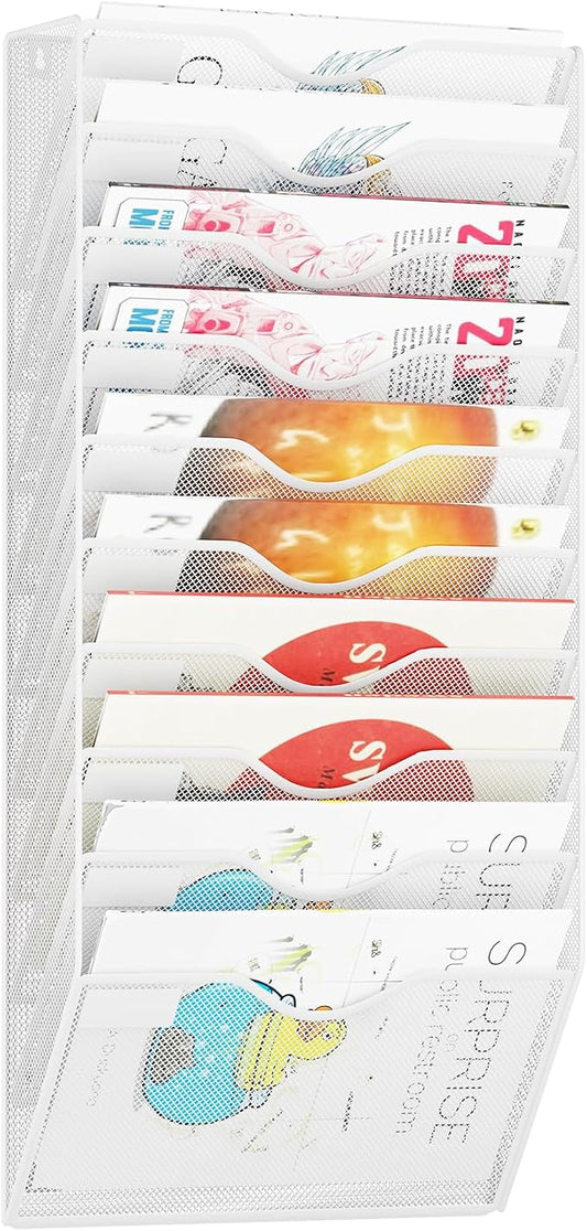10 Pockets Hanging Wall File Organizer Mail Holder, Wall Mounted Paper Document Folder Holder, Clipboard Storage Organization Magazine Rack, White