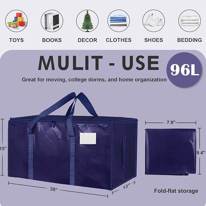 8 Pack-Extra Large Heavy Duty Moving Bags - Waterproof Storage Totes with Handles & Zippers, Foldable for College Dorm, Storage (Dark Blue)
