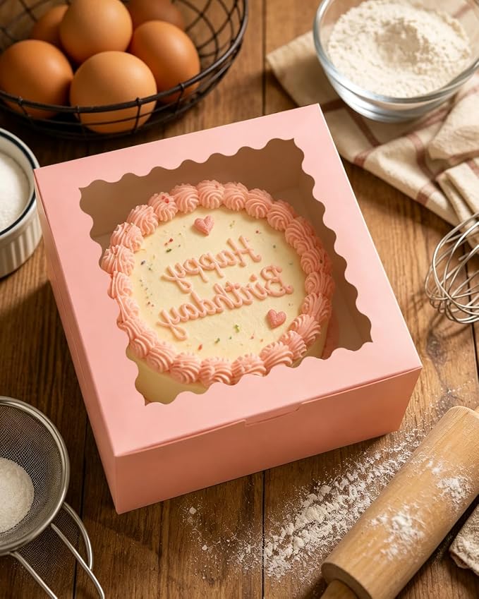 qiqee 10"x10"x5" Cake Box, 36 Sets Pink Cake Box with Window ＆ 36 Sets 10" Pink Cake Round Boards, for Cake, Treat Cookie Dessert, Pastry, Birthday Party, Weddings
