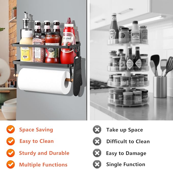 Magnetic Shelf with Paper Towel Holder | For Fridge/Washing Machine/Garage, Kitchen Spice Rack for Refrigerator, Wall Mount Storage Organizer