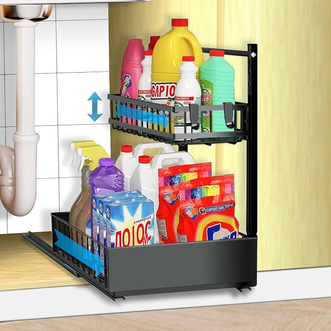 sagetta Black Under Sink Organizers with Sliding Rails Under Kitchen Sink Organizers and Storage Pull out Kitchen Cabinet Organizer Height Adjustable Cabinet Storage Shelves Two Tiers