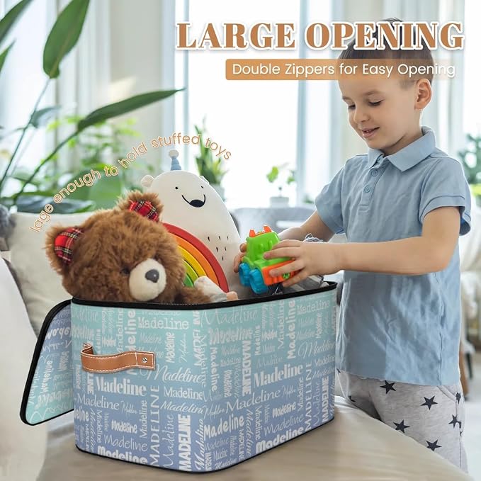Custom Storage Basket with Name, Personalized Keepsake Box with Zipper Lid, Foldable Fabric Memory Bin Large capacity with Handle Green Blue Gradient