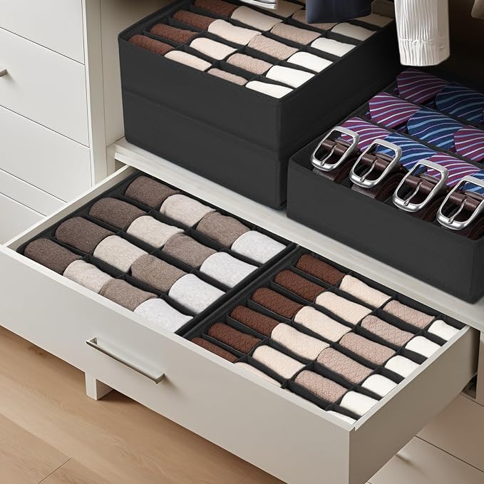 Joyoldelf Sock Drawer Organizer Divider 4 Packs Underwear Organizer, 2 x 24 Cell + 2 x 16 Cell Closet Organizers and Storage Sock Holders for Storing Socks, Handkerchiefs, Ties, Belts (Black)
