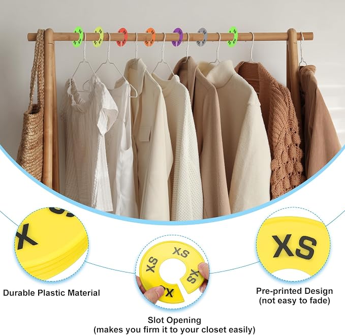 PATIKIL Clothes Dividers for Hanging Clothes, 40 Pack 8 Sizes Round Pre-written Clothing Rack Dividers Size Mark Label Sorting Separator for Closet, Yellow