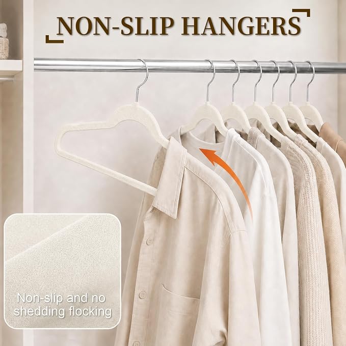 Velvet Hangers 50 Pack, Non Slip Clothes Hangers with Shoulder Notches, Slim Felt Hanger with 360° Swivel Hook, Space-Saving, Heavy Duty, for Coat, Shirt, Pants, Dress, Suits, White