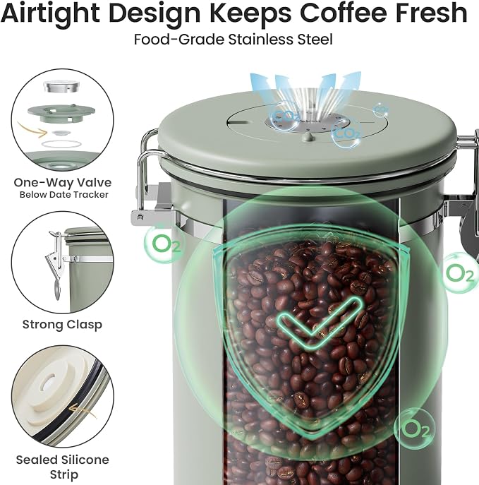 Veken Coffee Canister with Window, Airtight Stainless Steel Kitchen Food Storage Container with Lids, Date Tracker and Scoop for Ground, Beans, Tea, Flour, Cereal, Sugar Jars, 22OZ, Green