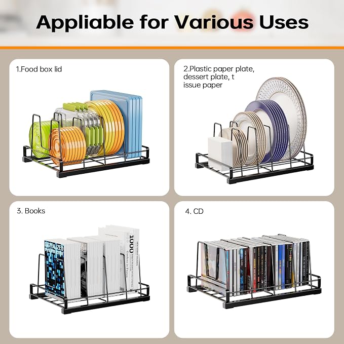 Lid Organizer for Inside Cabinet, Metal, 11" X 7.87" | Food Container Lid Organizer, 5 Adjustable Dividers, Lid Storage Organizer for Kitchen,Cupboard, Cabinets, Pantry, Drawers