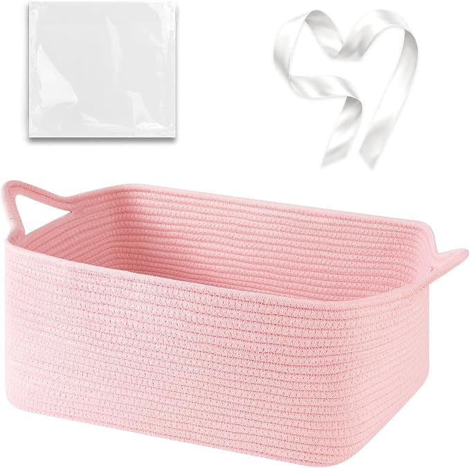 OIASKET Large Empty Cotton Rope Gift Basket with Handles, 16.5"x12.6"x7" Decorative Woven Storage Basket with Gift Bag and Ribbon Set for Baby Shower, Toy Organizer for Kids, Dogs & Cats - Pink