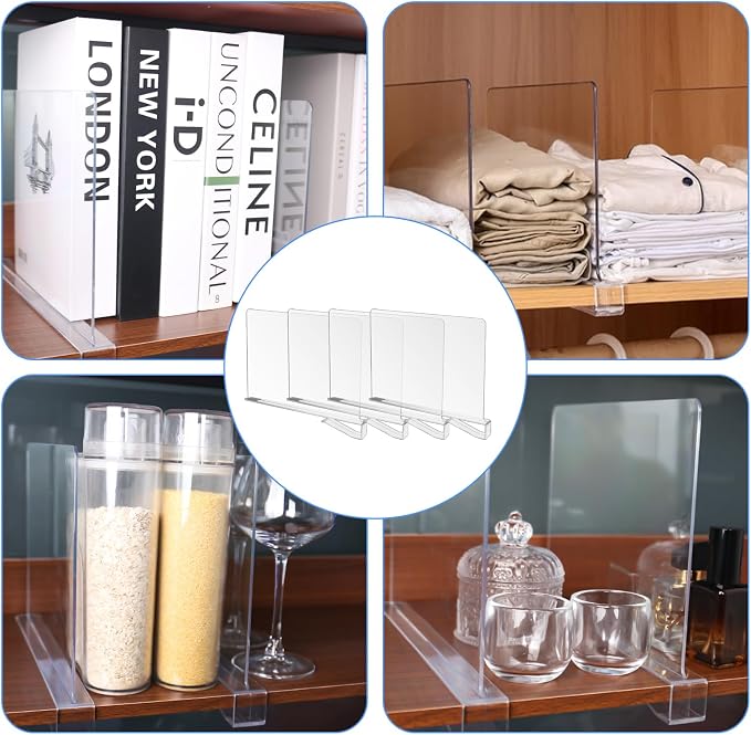 Pack of 4 Acrylic Shelf Dividers Wardrobe, Transparent Divider Shelf, 20 x 28 cm, Multifunctional Pockets Organiser Cupboard, for Kitchen Cabinets, Bookshelves, Cupboards
