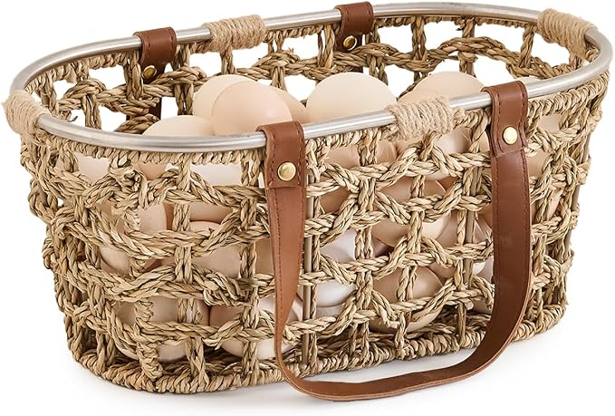 Farmhouse Seagrass Egg Baskets for Collecting Fresh Eggs Handmade Egg Collecting Basket Wicker Oval Storage Basket for Picnic, Harvest, Vegetable