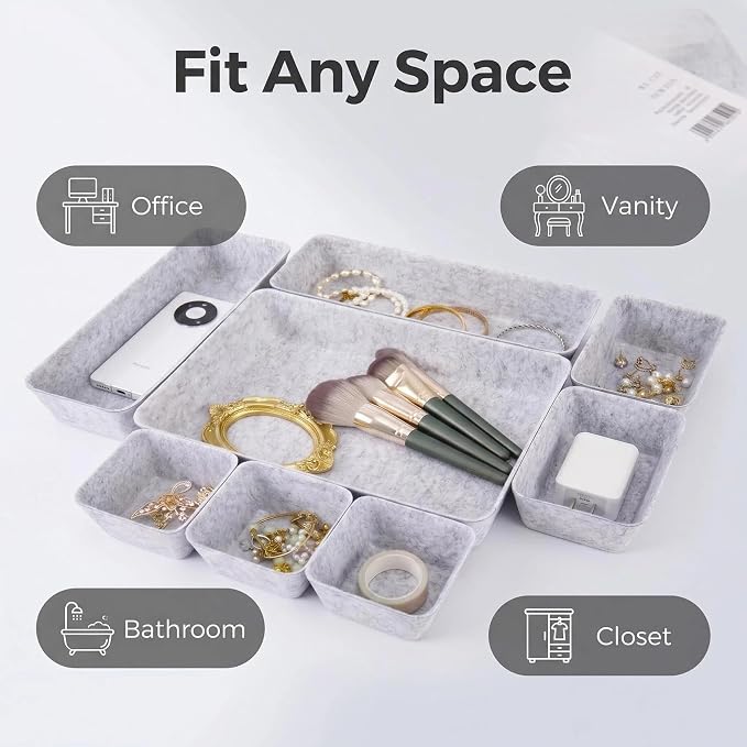 Desk Drawer Organizer Bins, 8pcs Felt Shallow Bathroom Storage Trays, Office Accessories & Workspace Organizers Jewelry & Makeup Boxes Containers(Grey)