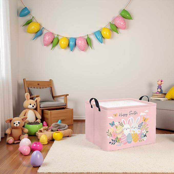 Rectangular Easter Basket for Home Kitchen Baby Girls Basket Cute Storage Bin Organizer Shelf Book Room Decor(Pink Easter)