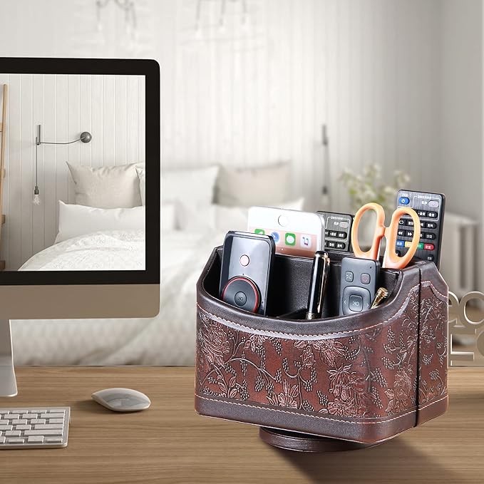 YAPISHI Antique Leather Remote Control Holder, 360 Degree Spinning Desk TV Remote Caddy/Box, Bedside Table Organizer for Controller, Media, Calculator, Mobile Phone and Pen Storage