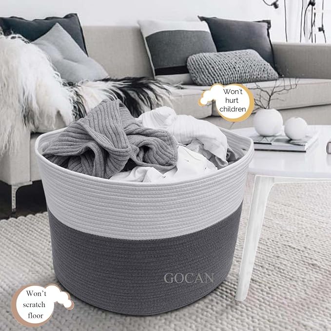 GOCAN Extra Large Laundry Basket toy storage 22"X22"X14" blanket basket Cotton Rope Woven Baskets with Handles for Living Room (Grey/Beige) XXXL