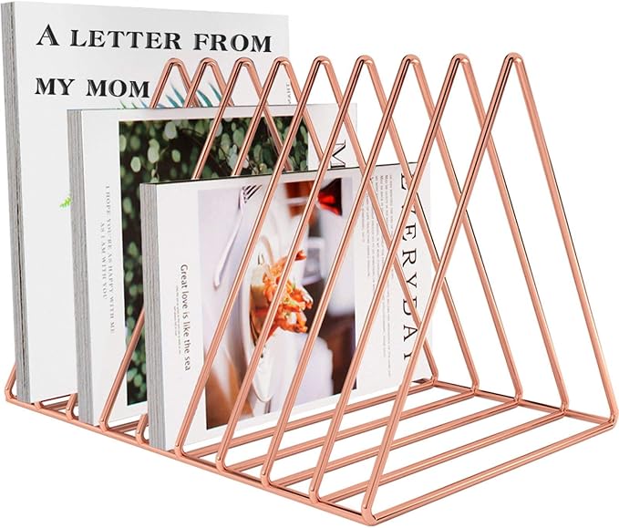 Files Folder Stand Desktop File Organizer, Triangle Wire Magazine Holder Book Shelf, 9 Slot File Sorter Eye-catching Decoration for Indoor Office Home, Photography props, Fashion in INS (Rose Gold)