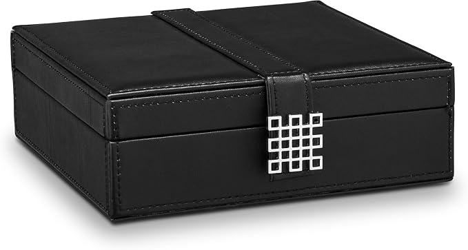 Glenor Co Ring Box Organizer - 54 Slot Classic Jewelry Display Case Holder - Storage Tray with Modern Buckle Closure, Large Mirror - Holds Rings and Cufflinks - Small for Travel - PU Leather - Black