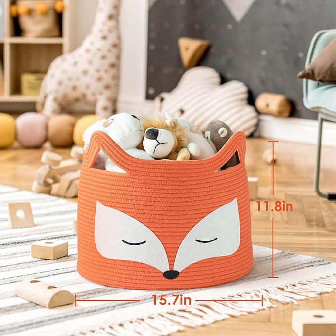 Fox Decor Basket, Nursery Basket for Baby Clothes, Toys, Laundry, Blanket, Cute Animal Storage Box, Large Woven Gift for Kids, Baby Showers-15.7"L x 11.8"H, Orange