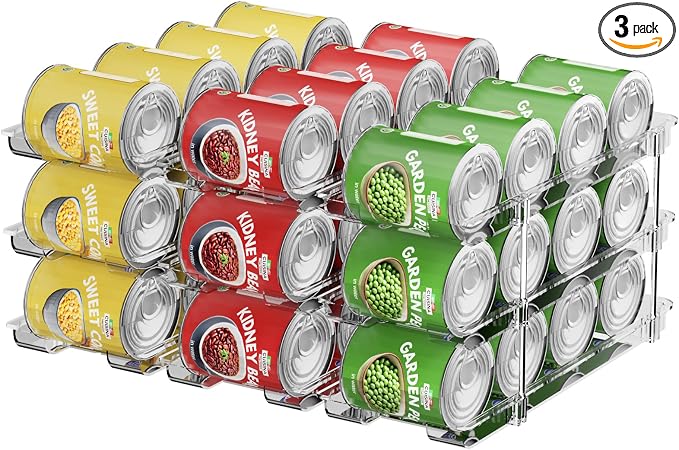 Dayacoco Can Organizer For Pantry,3 Sets 3 Tiers Pantry Organizers And Storage, Pantry Organizer for Fridge 36 Standard and Tall Cans Rack Automatic Rolling Stackable Canned Food Organizer, Clear