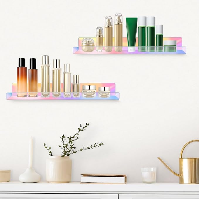 Dezzer 4 Pack Acrylic Shelves for Wall, 15" Acrylic Floating Shelves for Bathroom Bedroom, Invisible Bookshelf Wall Ledge Storage Shelf Books Perfume Toys Action Figure Display Shelves, Iridescent