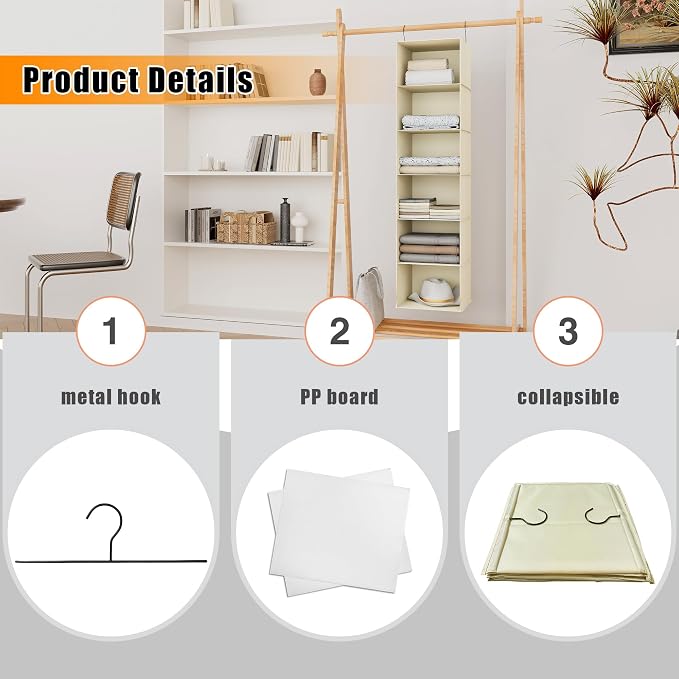 Hanging Closet Organizer 6-Shelf, Oxford Fabric Wardrobe Storage, Beige | Easy-mount foldable design holds clothes, handbags, shoes & accessories; washable Oxford fabric, sturdy and space-saving.